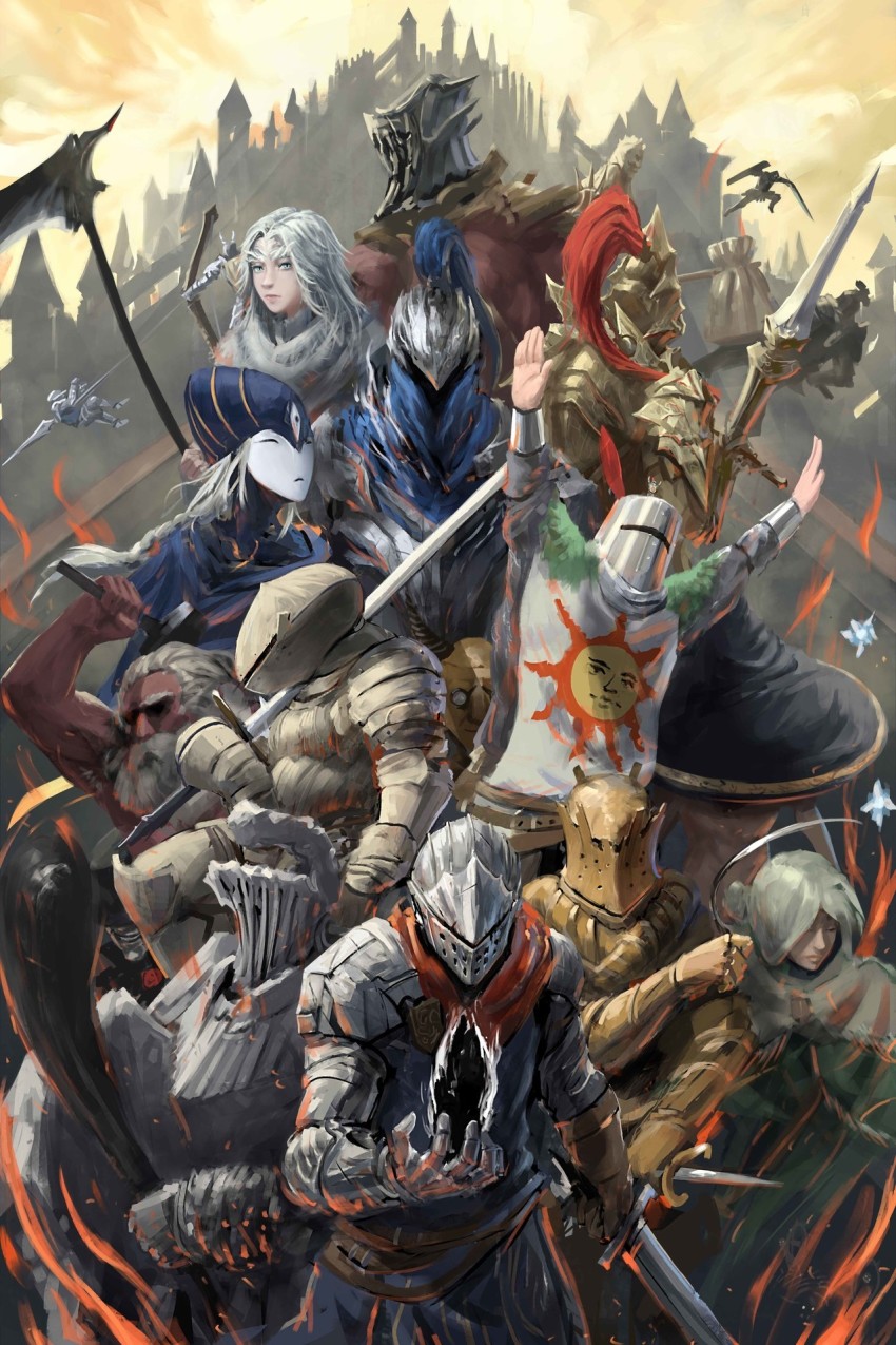 andre_of_astora armor artist_request artorias_the_abysswalker big_hat_logan blue_eyes chosen_undead dark_souls_(series) dark_souls_i domhnall_of_zena dragon_girl dragon_slayer_ornstein dress executioner_smough full_armor fur green_eyes havel_the_rock hawkeye_gough helm helmet highres horns iron_golem_(dark_souls) iron_knight_tarkus knight lautrec_of_carim long_hair looking_at_viewer lord&#039;s_blade_ciaran monster_girl praise_the_sun priscilla_the_crossbreed siegmeyer_of_catarina silver_knight_(dark_souls) slit_pupils smile solaire_of_astora weapon white_hair