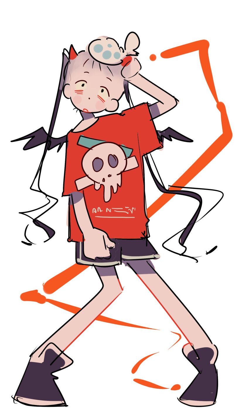1girl absurdres bags_under_eyes black_eyes black_hair black_shoes black_shorts black_wings commentary_request demon_horns demon_wings dolman_(dm) dripping full_body hand_on_own_head highres horns ice_pack korean_commentary light_blush long_hair looking_at_viewer open_mouth original red_horns red_shirt red_sleeves shirt shoes short_sleeves shorts simple_background skull_print sneakers solo straight-on t-shirt twintails very_long_hair wavy_hair white_background wide-eyed wide_sleeves wings