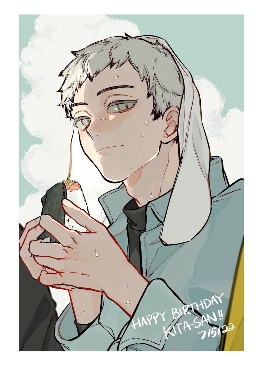 1boy adam&#039;s_apple arms_up black_shirt blue_jacket border closed_mouth coco_(238243) commentary_request dated grey_eyes grey_hair haikyuu!! happy_birthday highres holding jacket kita_shinsuke long_sleeves looking_to_the_side male_focus open_clothes open_jacket popped_collar shirt short_hair sideways_glance sleeve_cuffs smile solo sweat towel towel_on_head turtleneck upper_body very_short_hair very_sweaty white_border