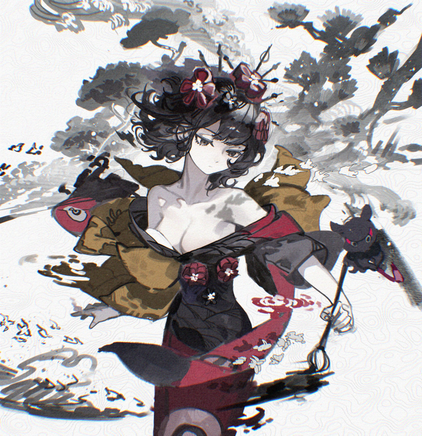 1girl bare_shoulders black_eyes black_hair black_kimono breasts chinese_commentary cleavage closed_mouth commentary_request creature fate/grand_order fate_(series) flower hair_between_eyes hair_flower hair_ornament highres holding holding_paintbrush japanese_clothes jiuxiaoshi katsushika_hokusai_(fate) kimono medium_hair multicolored_kimono octopus paintbrush print_kimono red_kimono short_sleeves tokitarou_(fate)