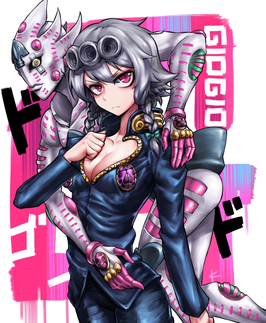 &gt;:( 1girl bad_id bad_pixiv_id blue_jacket blue_pants bow braid breasts character_name cleavage cleavage_cutout clenched_hand clothing_cutout collarbone commentary_request cosplay cowboy_shot eyes_visible_through_hair giorno_giovanna giorno_giovanna_(cosplay) gold_experience_requiem green_bow hair_between_eyes hair_bow hand_on_another&#039;s_shoulder hand_on_own_chest hand_up head_tilt high_collar highres izayoi_sakuya jacket jojo_no_kimyou_na_bouken long_sleeves looking_at_viewer max-k medium_breasts pants pink_eyes short_hair silver_hair stand_(jojo) standing touhou twin_braids v-shaped_eyebrows vento_aureo white_background yellow_eyes