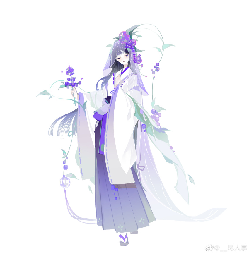 1girl absurdres black_hair black_sandals blunt_ends bow chinese_commentary closed_eyes commentary_request food fruit full_body grapes hakama hakama_skirt hand_on_own_chest highres hime_cut holding japanese_clothes jin_renshi kimono leaf long_hair long_sleeves miko original plant purple_bow purple_hakama purple_veil ribbon-trimmed_kimono ribbon-trimmed_sleeves ribbon_trim sandals see-through_clothes see-through_veil simple_background skirt socks solo straight_hair tabi veil very_long_hair vines waist_bow watermark weibo_watermark white_background white_kimono white_socks wide_sleeves zouri