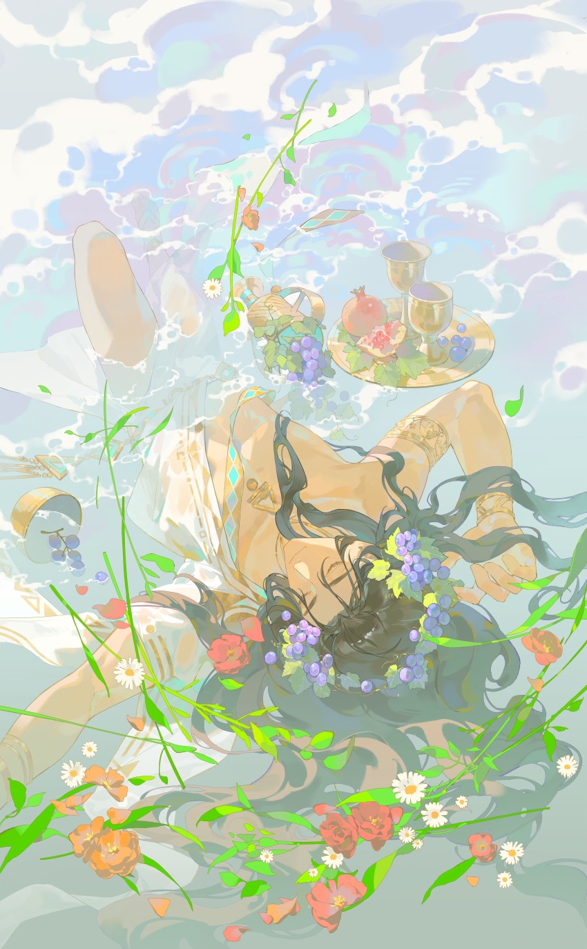 1boy 210_(reverse:1999) absurdres ancient_greek_clothes armlet arms_up black_hair branch closed_eyes cup daisy flower food food-themed_hair_ornament fruit full_body grape_hair_ornament greco-roman_clothes hair_ornament hair_spread_out highres jewelry leaf lege_bushi_shiwu long_hair lying male_focus on_back orange_flower partially_submerged plate pomegranate red_flower reverse:1999 smile solo toga toned toned_male upside-down white_flower