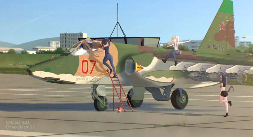 3girls absurdres aircraft airfield airplane animal_ears ass black_hair blonde_hair cat_ears cat_girl cat_tail city fighter_jet high_ponytail highres kotash landing_gear military military_vehicle multiple_girls original ponytail russia russian_flag russian_text soviet su-25 tail vehicle_focus