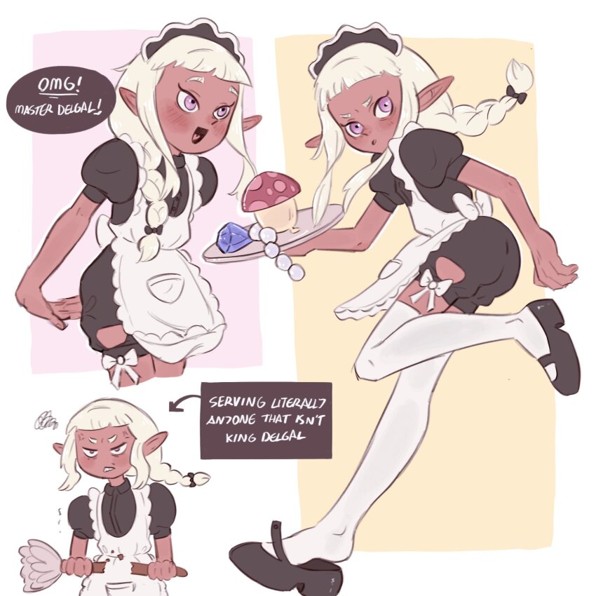 1boy anger_vein apron black_shorts blunt_bangs bow braid braided_ponytail breaking commentary crossdressing crossdressing_(mtf) dark-skinned_male dark_skin dungeon_meshi duster english_commentary english_text hair_bow highres holding holding_duster maid maid_apron maid_headdress male_focus male_maid michito_mochita open_mouth pointy_ears puffy_short_sleeves puffy_sleeves short_bangs short_sleeves shorts smile thighhighs thistle_(dungeon_meshi) trap white_apron white_thighhighs