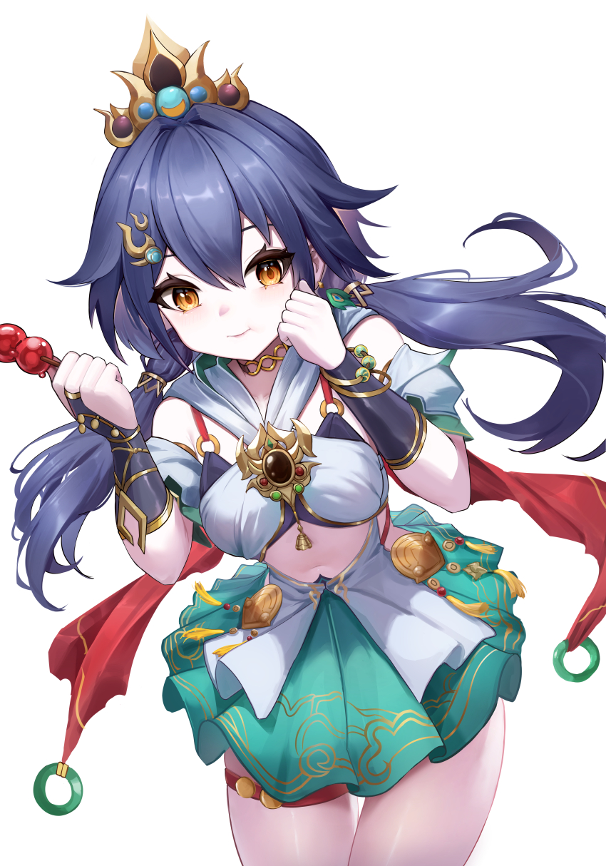 1girl absurdres bare_shoulders bra bridal_gauntlets chewing chinese_clothes choker clenched_hand closed_mouth commentary_request dango detached_collar detached_sleeves dintea earrings floating floating_hair food green_skirt grey_hair hair_between_eyes hair_floating_upwards hair_ornament hairclip hands_up head_tilt headpiece highres holding holding_food holding_skewer honkai:_star_rail honkai_(series) jewelry leaning_to_the_side long_hair looking_at_viewer low_twintails navel orange_eyes pendant short_sleeves simple_background single_earring skewer skirt solo solo_focus standing stomach thigh_gap thighlet thighs twintails underwear wagashi white_background yunli_(honkai:_star_rail)