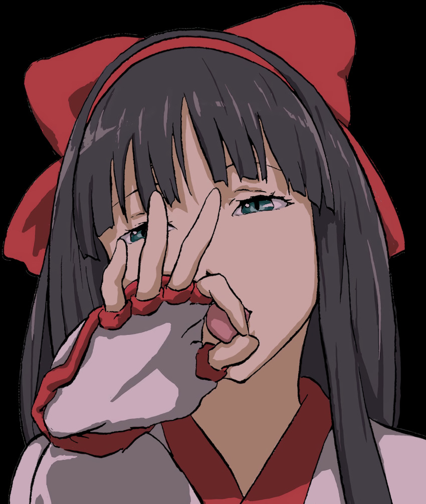 1girl ainu_clothes black_hair cosplay fellatio_gesture fingerless_gloves gloves green_eyes hair_ribbon half-closed_eyes highres hyouka kouchi_ayako legs long_hair looking_at_viewer nakoruru naughty_face oral_invitation pants ribbon samurai_spirits sexually_suggestive snk solo the_king_of_fighters thighs tongue tongue_out