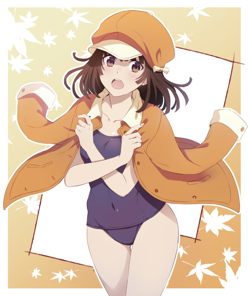 1girl bakemonogatari blue_one-piece_swimsuit breasts brown_eyes brown_hair newsboy_cap covered_navel cowboy_shot e_(eokiba) hat highres jacket jacket_on_shoulders looking_at_viewer medium_hair monogatari_(series) one-piece_swimsuit open_mouth school_swimsuit sengoku_nadeko small_breasts solo swimsuit
