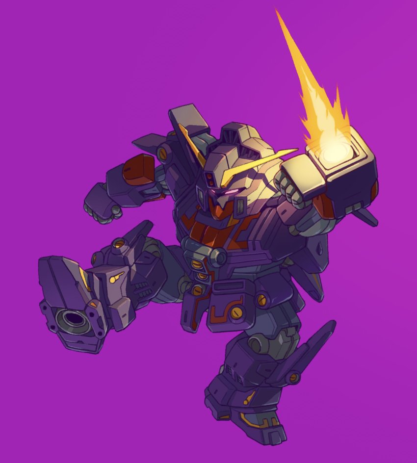 arm_blade chibi clenched_hands commentary energy_blade english_commentary evan_palmer glowing glowing_eyes gundam gundam_zz highres looking_ahead mecha mecha_focus mobile_suit pink_eyes psyco_gundam_mk_ii purple_background robot science_fiction solo v-fin weapon