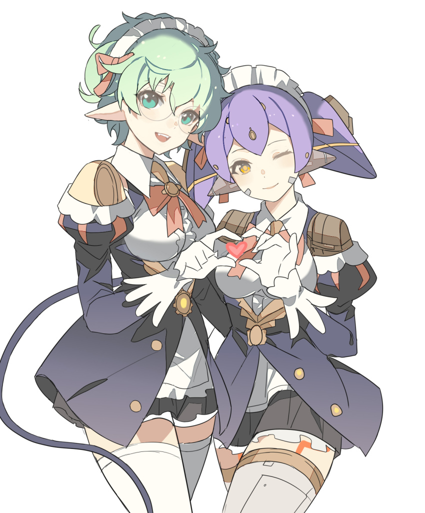 2girls four-finger_heart_hands :d ;) alternate_costume android black_skirt blue_jacket breasts closed_mouth collared_shirt commentary enmaided fang gloves green_eyes green_hair hair_between_eyes heart heart_hands heart_hands_duo highres jacket juliet_sleeves long_sleeves looking_at_viewer maid maid_headdress medium_breasts multiple_girls one_eye_closed open_mouth orange_eyes pandoria_(xenoblade) pleated_skirt pointy_ears poppi_(xenoblade) poppi_qt_(xenoblade) puffy_sleeves purple_hair round_eyewear shirt simple_background skirt smile thighhighs toki0830 twintails white_background white_gloves white_shirt white_thighhighs xenoblade_chronicles_(series) xenoblade_chronicles_2