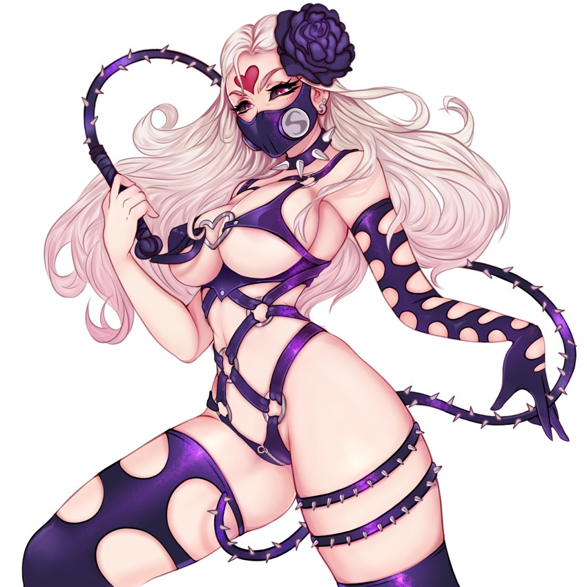 1girl black_sclera blonde_hair bondage_outfit breasts collar colored_sclera dominatrix facial_mark forehead_mark gloves hair_ornament heart highres kaijin_hime_do-s kuchicute large_breasts long_hair looking_at_viewer mask navel o-ring one-punch_man solo spiked_collar spikes thighhighs whip