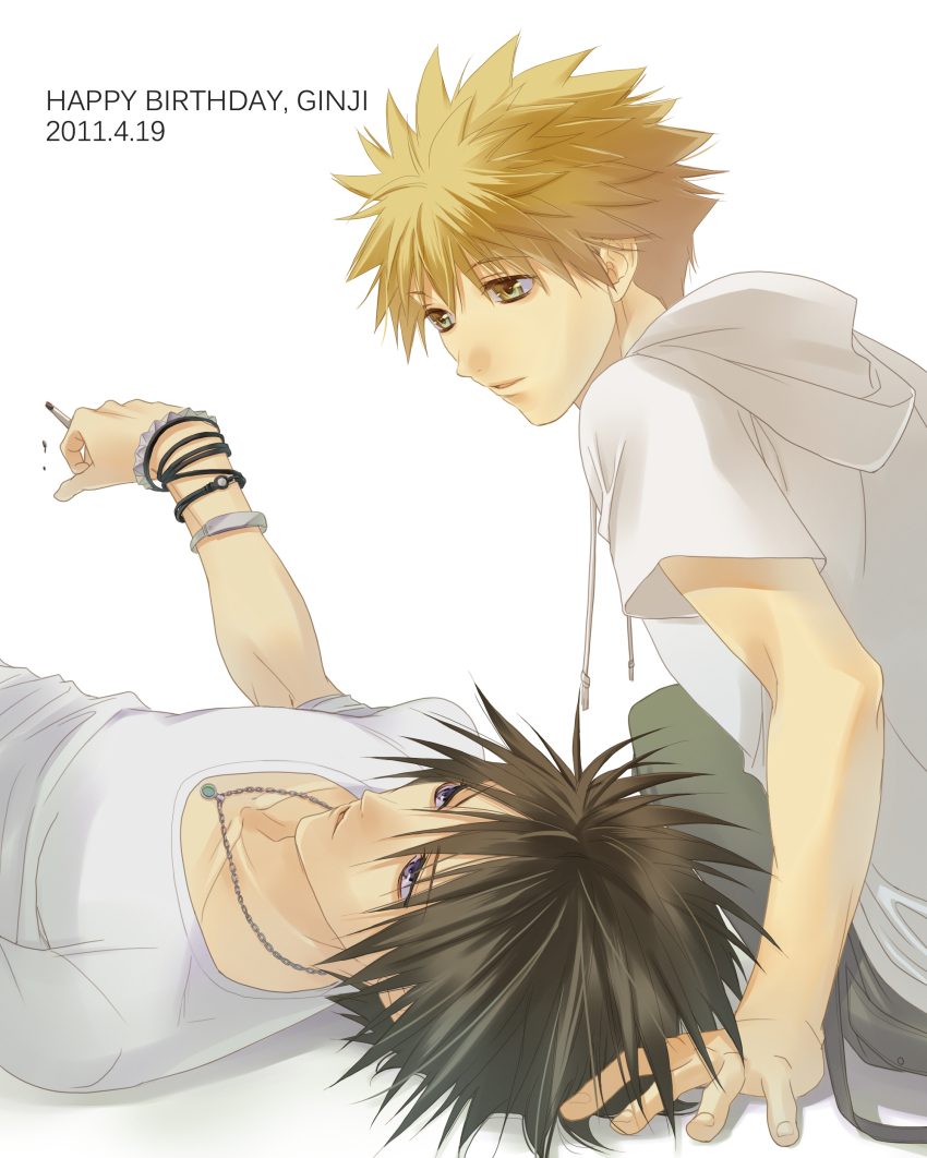 2boys absurdres amano_ginji black_hair blonde_hair blue_eyes bracelet getbackers highres jewelry lying male_focus midou_ban multiple_boys necklace papillon10 short_hair smoke upper_body white_background yellow_eyes