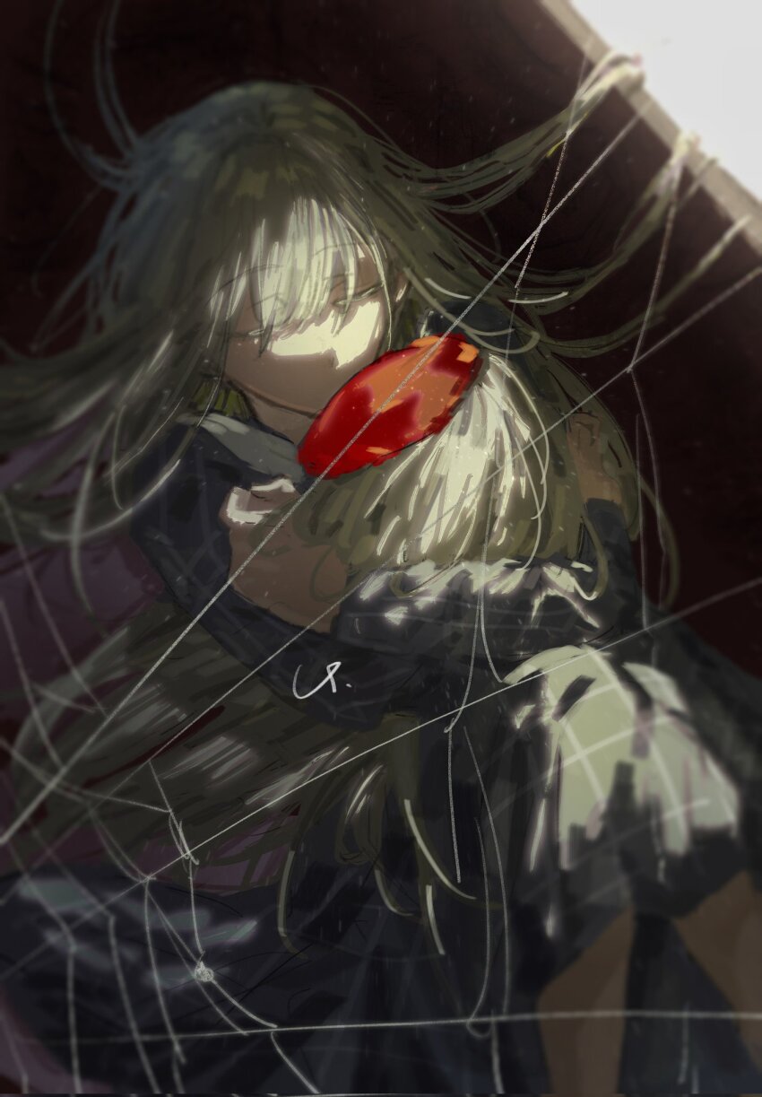 1girl bang_dream! bang_dream!_it&#039;s_mygo!!!!! blue_dress character_doll chinese_commentary closed_eyes commentary_request corrupted_twitter_file doll dress green_hair highres hugging_object image_sample long_hair long_sleeves mortis_(bang_dream!) mortis_(costume)_(bang_dream!) revision shidararey solo twitter_sample wakaba_mutsumi
