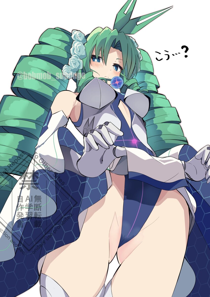 1girl blue_leotard character_request clothes_lift copyright_request cowboy_shot dress dress_lift drill_hair flower green_eyes green_flower green_hair green_rose hair_flower hair_ornament highres koshian_(taiyaki) leotard long_hair rose simple_background solo twin_drills white_background white_dress
