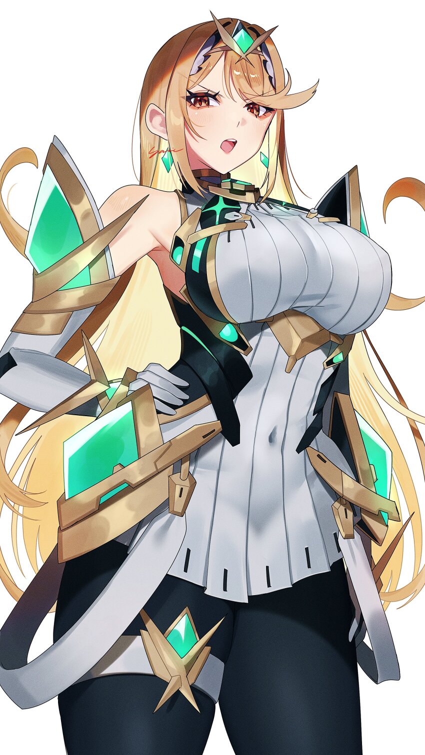1girl absurdres arm_guards bare_shoulders black_pantyhose blonde_hair breasts chest_jewel dress earrings elbow_gloves floating_earrings gloves hand_on_own_hip highres jewelry large_breasts long_hair microdress mythra_(massive_melee)_(xenoblade) mythra_(xenoblade) neon_trim open_mouth pantyhose solo suspenders swept_bangs teeth thigh_strap tiara upper_teeth_only v-shaped_eyebrows very_long_hair white_dress white_gloves xenoblade_chronicles_(series) xenoblade_chronicles_2 yasaikakiage yellow_eyes