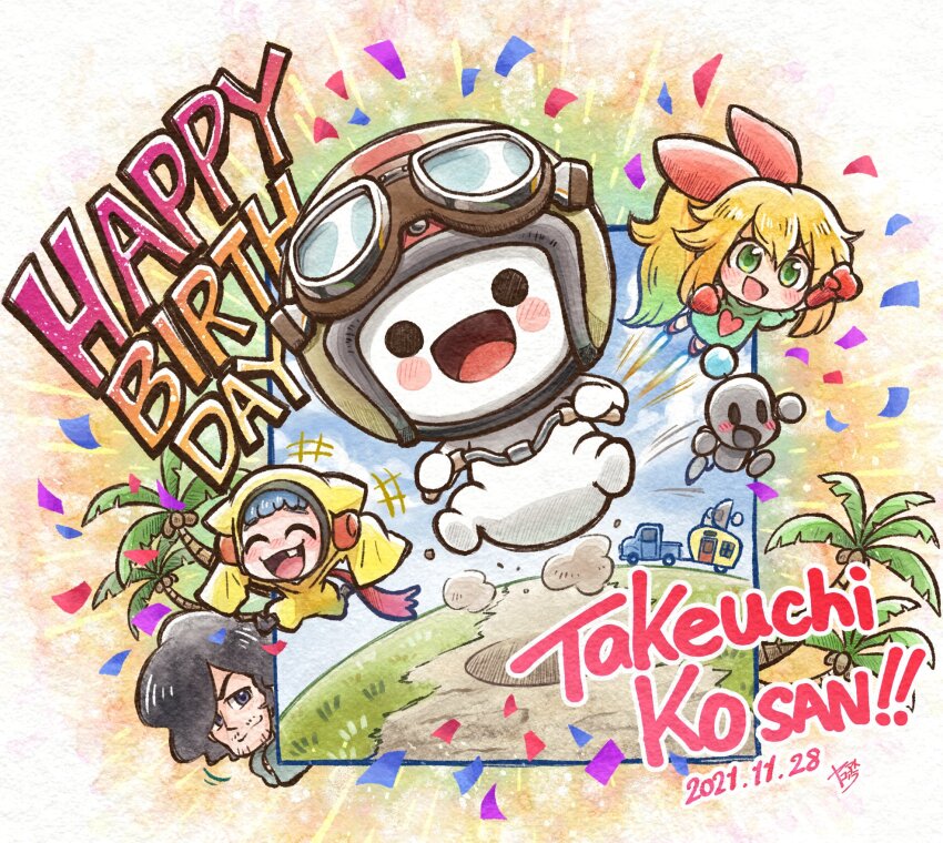 +++ 1girl 3boys animal_ear_hood animal_ears arm_up arms_up beard_stubble big_hair black_eyes black_hair blonde_hair blue_hair blue_sky blunt_bangs blush_stickers border borrowed_character bow brown-framed_eyewear brown_background car clenched_hands closed_eyes cloud commentary_request confetti dated english_text eyelashes facial_hair fake_animal_ears gift_art gloves goggles goggles_on_headwear grass green_eyes green_shirt hair_bow hair_over_one_eye handle happy_birthday heart heart_print helmet highres holding hood hood_up hooded_jumpsuit jumpsuit light_particles long_hair long_sleeves motion_lines motor_vehicle multiple_boys mustache_stubble open_mouth original outdoors oversized_clothes oversized_shirt own_hands_together palm_tree path ponytail puffy_short_sleeves puffy_sleeves red_bow red_footwear red_gloves red_headphones red_headwear road rocket_shoes shadow shirt shoes short_hair short_sleeves signature sky sleeves_past_fingers sleeves_past_wrists smile solid_circle_eyes solid_oval_eyes speed_lines stubble t-shirt tooth trailer tree turtleneck v-shaped_eyebrows very_long_hair white_border wide_sleeves yamato_koara yellow_jumpsuit