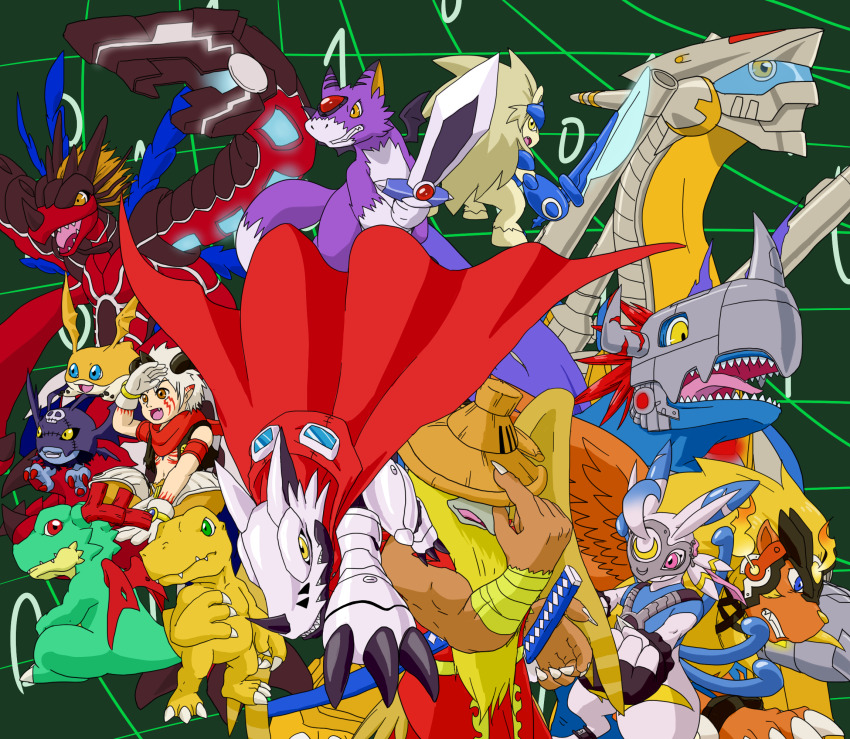 aegiomon agumon buraimon cannondramon chronomon chronomon_destroy_mode digicore_interface digimon digimon_(creature) dracomon firamon hackmon_(digimon) highres lekismon metalgreymon_(virus) patamon picodevimon sharp_teeth spadamon sword teeth weapon