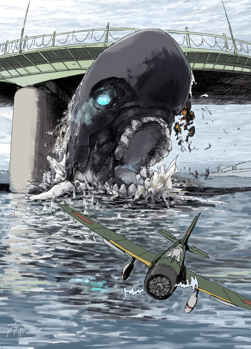 2girls abyssal_ship aircraft airplane bomber bridge d3a highres i-class_destroyer kantai_collection kappa_modoki kasuga_maru_(kancolle) military_vehicle multiple_girls propeller sado_(kancolle) taiyou_(kancolle) vehicle_focus water