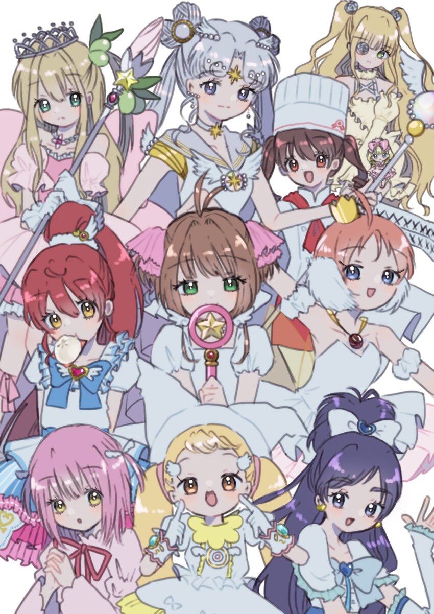 6+girls ahiru_(princess_tutu) amano_ichigo annotated antenna_hair arm_up armband atat_karubi ballerina ballet_dress bishoujo_senshi_sailor_moon bishoujo_senshi_sailor_moon_stars blonde_hair blue_bow blue_bowtie blue_dress blue_eyes bow bowtie brooch brown_eyes brown_hair cardcaptor_sakura chef_hat choker collarbone commentary covering_own_mouth crossover crown cure_white detached_sleeves double_bun dress earrings english_commentary fingers_to_cheeks flat_top_chef_hat frilled_dress frills futari_wa_precure gloves green_eyes hair_bow hair_bun hair_ornament hanazono_karin hat heart heart_brooch high_ponytail highres hinamori_amu holding holding_wand hoshi_no_tsue jewelry kamichama_karin kinomoto_sakura kinomoto_sakura_(astral_sakura) kirakishou long_hair looking_at_viewer magical_girl makihatayama_hana mini_crown multiple_crossover multiple_girls neckerchief no_nose ojamajo_doremi one_eye_covered open_mouth pink_dress pink_hair ponytail precure pretty_series princess_tutu princess_tutu_(character) pripara puffy_short_sleeves puffy_sleeves purple_eyes purple_hair red_hair red_neckerchief rozen_maiden sailor_collar sailor_cosmos sailor_senshi_uniform shiratama_mikan short_hair short_sleeves shugo_chara! tiara twintails upper_body very_long_hair wand white_background white_choker white_dress white_gloves white_hair white_sailor_collar white_theme wing_hair_ornament winged_wand yellow_dress yellow_eyes yukishiro_honoka yumeiro_patissiere