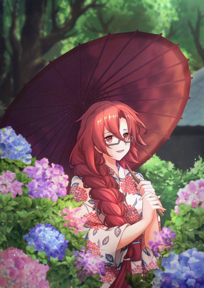 1girl absurdres alternate_costume alternate_hairstyle altheavin black-framed_eyewear braid commentary_request flower forest glasses hair_over_one_eye highres holding holding_umbrella japanese_clothes kimono labyrista_(princess_connect!) labyrista_(princess_connect!) labyrista_(real)_(princess_connect!) long_braid long_hair looking_at_viewer nature oil-paper_umbrella princess_connect! print_kimono red_eyes red_hair semi-rimless_eyewear single_braid smile solo umbrella under-rim_eyewear very_long_hair
