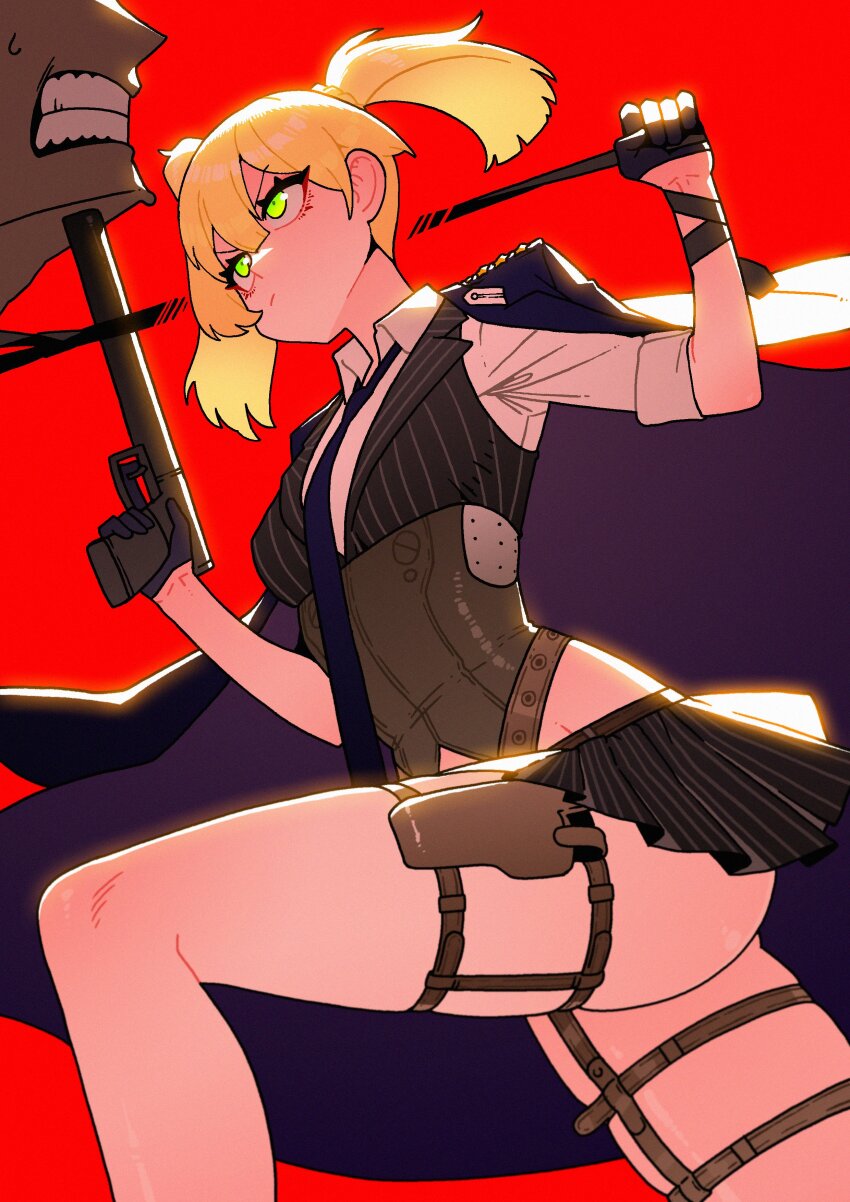 1boy 1girl absurdres asymmetrical_hair at_gunpoint black_gloves black_jacket black_necktie black_skirt blonde_hair bolt_action closed_mouth collared_shirt commentary corset dc_(makezzal) finger_on_trigger girls&#039;_frontline gloves green_eyes gun half_gloves handgun highres holding holding_gun holding_weapon jacket jacket_on_shoulders looking_at_another necktie open_clothes open_jacket red_background shirt simple_background skirt striped_clothes striped_skirt striped_vest symbol-only_commentary vertical-striped_clothes vertical-striped_skirt vertical-striped_vest vest weapon welrod welrod_mkii_(girls&#039;_frontline) white_shirt