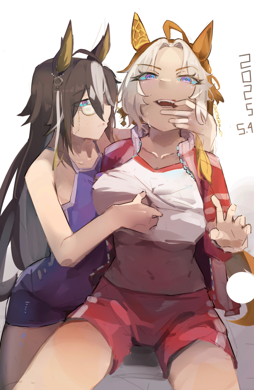 2girls absurdres animal_ears arm_around_neck breasts brown_hair clothes_lift collared_jacket competition_school_swimsuit dream_journey_(umamusume) ear_covers ear_ornament fangs finger_in_another&#039;s_mouth grey_hair head_back headband highres horse_ears jacket jewelry large_breasts lifting_another&#039;s_clothes long_hair long_sleeves looking_at_another looking_at_viewer monocle multicolored_hair multiple_girls navel no_bra open_clothes open_jacket orfevre_(umamusume) pink_eyes red_jacket red_shorts school_swimsuit shirt_lift shorts single_ear_cover sitting stomach sweat swimsuit tracen_swimsuit tracen_training_uniform track_jacket track_suit umamusume underboob unzipped very_long_hair wista zipper