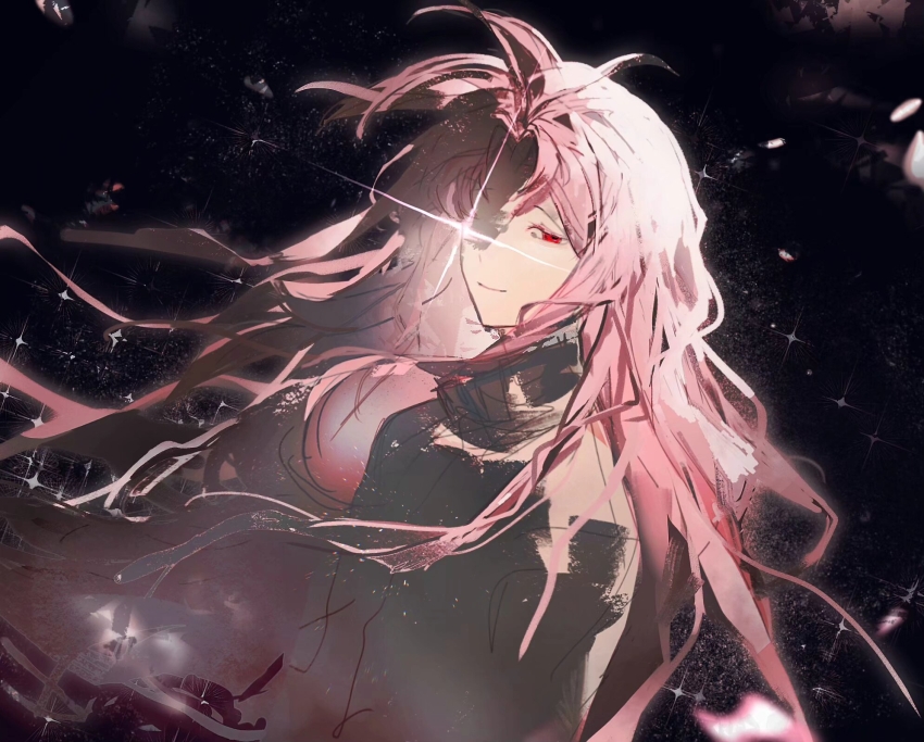 1boy black_background chinese_commentary closed_mouth colored_eyelashes commentary_request curtained_hair dutch_angle grey_jacket hatsutori_hajime heibaihuabing high_collar highres jacket long_hair long_sleeves male_focus parted_bangs pink_hair red_eyes saibou_shinkyoku sketch smile solo sparkle star_(sky) upper_body very_long_hair