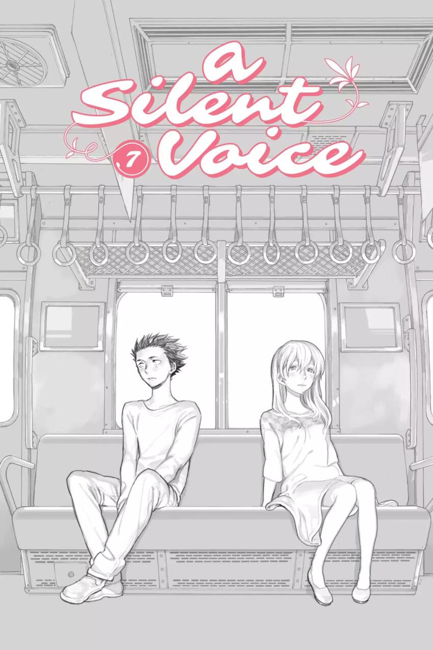 1boy 1girl ballet_slippers copyright_name couch door dress frown full_body highres ishida_shouya koe_no_katachi long_hair nishimiya_shouko non-web_source official_art on_couch ooima_yoshitoki pants partially_colored short_hair sitting train_interior window
