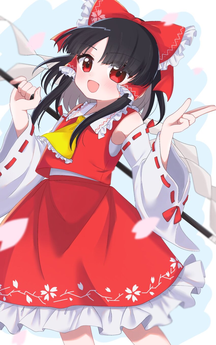 1girl ascot black_hair blurry blush bow commentary_request depth_of_field detached_sleeves falling_petals frilled_bow frilled_hair_tubes frilled_skirt frills gohei hair_bow hair_tubes hakurei_reimu hidden_star_in_four_seasons highres hiyokoaaaaa holding holding_gohei long_hair looking_at_viewer open_mouth petal_print petals pink_petals print_bow print_skirt red_bow red_eyes red_skirt ribbon-trimmed_sleeves ribbon_trim skirt skirt_set smile solo touhou yellow_ascot