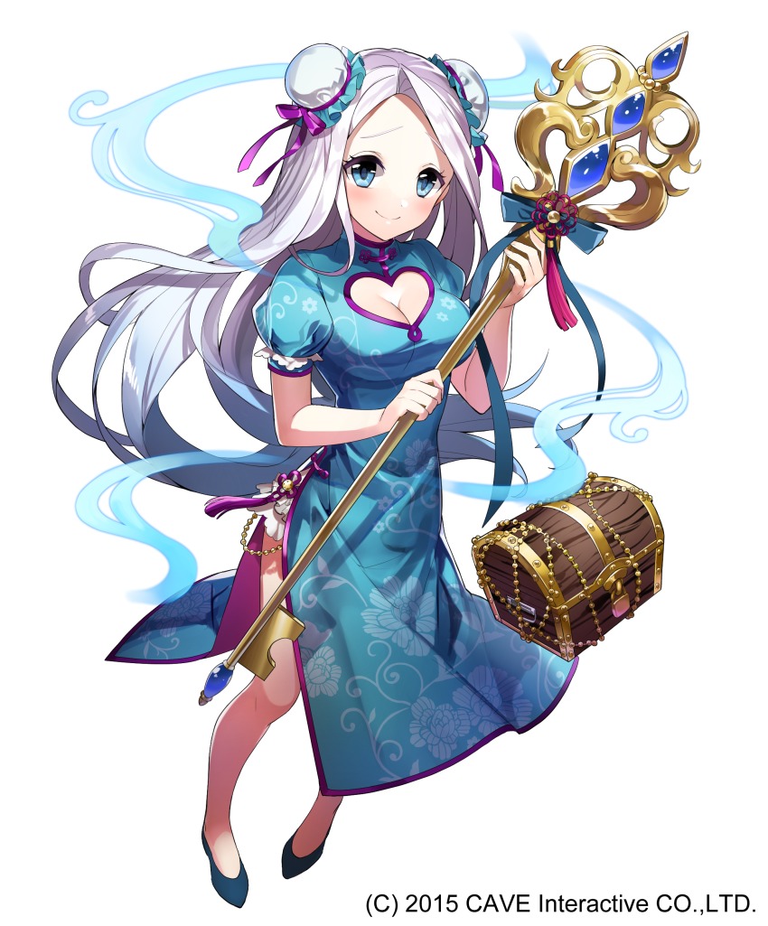 1girl absurdres aqua_dress aqua_shoes blush breasts cleavage_cutout clothing_cutout double_bun dress female_focus floral_print full_body gold_trim gothic_wa_mahou_otome hair_bun heart_cutout highres key long_hair looking_at_viewer masyu_yuyu medium_breasts shoes smile solo staff standing treasure_chest very_long_hair watermark white_hair