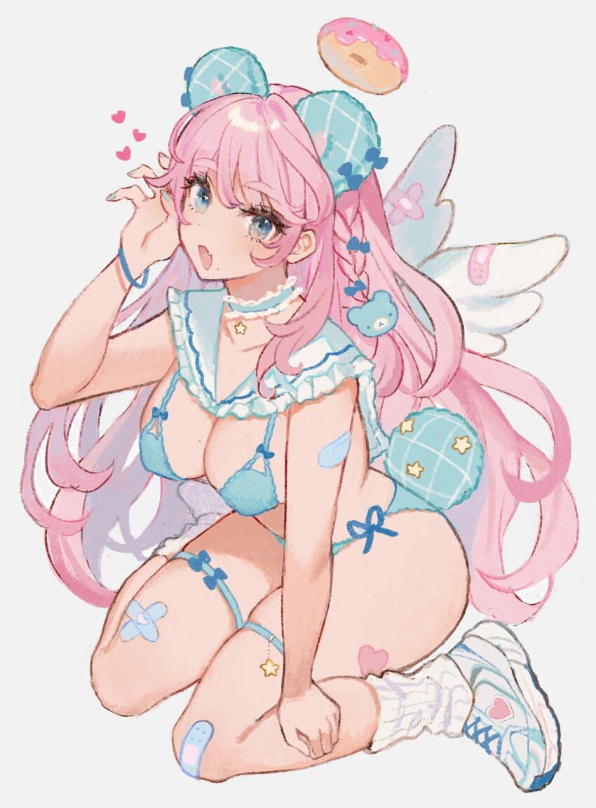 1girl angel_wings animal_ears aqua_bra aqua_choker aqua_eyes aqua_headwear aqua_nails aqua_panties bandaid bandaid_on_arm bandaid_on_knee bandaid_on_leg bandaid_on_wing bear_ears bear_hair_ornament bear_tail blue_bow bow bow_bra bra bracelet breasts choker claw_pose crossed_bandaids curly_hair donut dot_nose fang fingernails food frilled_sailor_collar frills hair_between_eyes hair_bow hair_ornament halo heart highres jewelry large_breasts leg_warmers legs lingerie long_bangs long_hair looking_at_viewer miyako_(xxxbibit) mole mole_on_breast mole_under_mouth nail_polish open_mouth original panties pink_donut pink_hair plaid_clothes plaid_headwear raised_eyebrows ribbed_socks sailor_collar shoes simple_background sitting skin_fang sneakers socks solo star_ornament tail teddy_bear_hair_ornament thigh_strap thighs underwear wariza white_background white_sailor_collar white_shoes white_socks white_wings wings