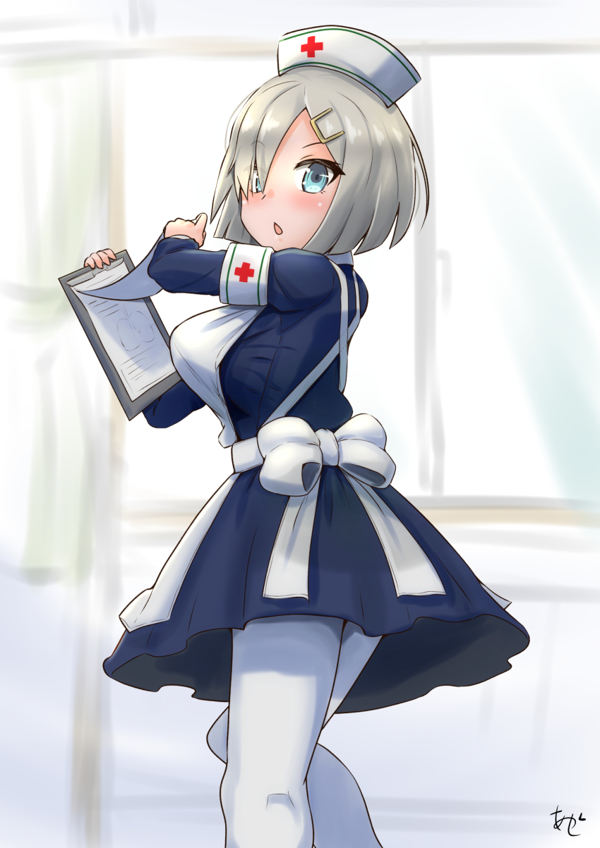 1girl akashieru apron armband blue_dress blue_eyes blush bow breasts clipboard commentary_request cross dress grey_hair hair_ornament hair_over_one_eye hairclip hamakaze_(kancolle) hat highres holding holding_clipboard infirmary kantai_collection kneepits large_breasts long_sleeves looking_at_viewer nurse nurse_cap open_mouth pantyhose red_cross short_hair solo white_apron white_armband white_pantyhose