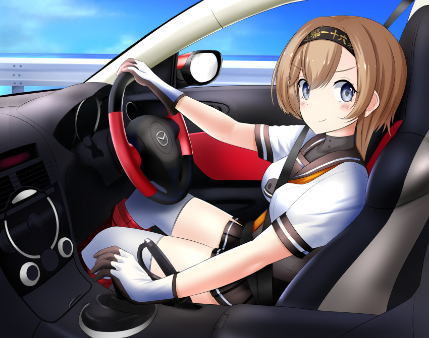 1girl absurdres between_breasts black_skirt blue_eyes blue_sky breasts car car_interior driving highres kantai_collection light_brown_hair looking_at_viewer mazda mazda_rx-8 medium_breasts miniskirt motor_vehicle nokonoko over-kneehighs pov safety_belt school_uniform serafuku short_hair skirt sky smile solo strap_between_breasts teruzuki_(kancolle) thighhighs two-tone_gloves white_thighhighs