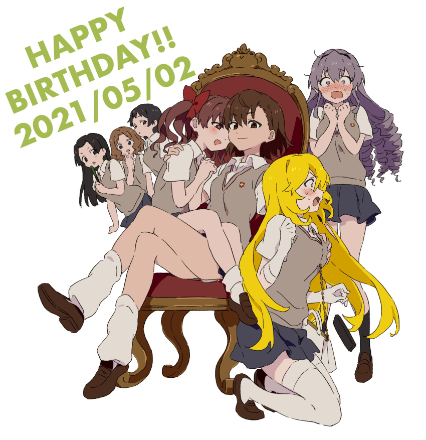 2021 6+girls :d :o arm_around_shoulder assertive_female awatsuki_maaya bag black_eyes black_hair black_skirt blonde_hair blush bob_cut brown_eyes brown_footwear brown_hair brown_shorts chair clenched_hand commentary_request crossed_legs doyagao drill_hair folding_fan full-face_blush full_body gekota grabbing_another&#039;s_breast groping hair_strand hand_fan hand_on_another&#039;s_head hand_to_own_mouth hand_up handbag hands_on_own_chest heart heart-shaped_pupils highres hokaze_junko holding holding_bag holding_fan kneeling kongou_mitsuko light_smile loafers long_hair loose_socks messy_hair misaka_mikoto multiple_girls open_mouth own_hands_clasped own_hands_together parted_bangs pleated_skirt purple_hair raised_eyebrows revision sanpaku school_uniform shadow shirai_kuroko shoes shokuhou_misaki short_hair shorts shorts_under_skirt simple_background sitting sitting_on_lap sitting_on_person skirt smile smug socks sparkling_eyes standing surprised sweatdrop swept_bangs symbol-shaped_pupils teruya_(6w6y) thighhighs throne toaru_kagaku_no_railgun toaru_majutsu_no_index tokiwadai_school_uniform twintails wannai_kinuho white_background white_socks yellow_eyes yuri zettai_ryouiki