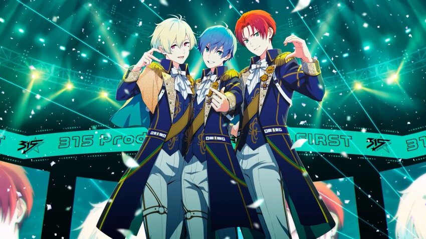 3boys ahoge amamine_shu blonde_hair blue_eyes blue_hair c.first_(idolmaster) epaulettes fingernails green_eyes green_hair hanazono_momohito highres idolmaster idolmaster_side-m male_focus mayumi_eishin mole mole_under_eye multicolored_hair multiple_boys official_art open_mouth pants pink_eyes red_hair smile stage_lights teeth two-tone_hair upper_teeth_only white_pants