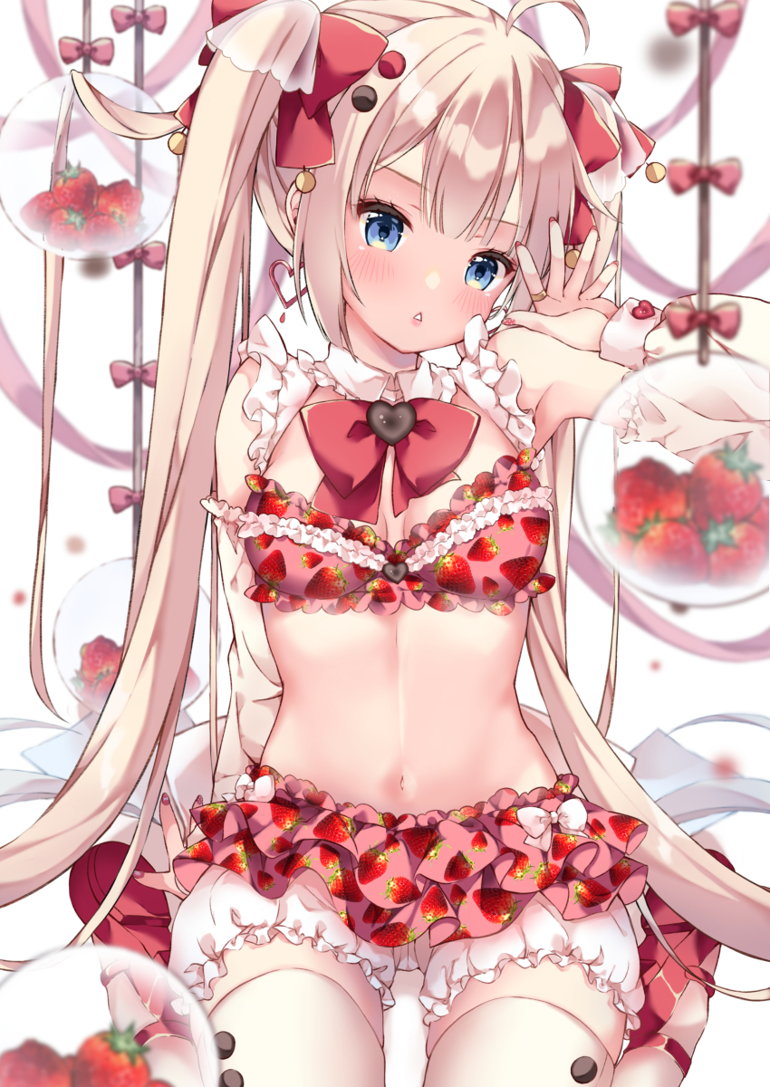 1girl absurdres ahoge akino_(chikarrr) arm_at_side bare_shoulders blonde_hair blue_eyes blunt_bangs blurry blush bow bra breasts center-flap_bangs cleavage collar comiket_99 commentary_request curvy depth_of_field detached_collar detached_sleeves earrings eyelashes food food_print frilled_bra frilled_collar frilled_skirt frills fruit fruit_print hair_bow hand_up head_tilt heart heart-shaped_ornament heart_earrings highres jewelry knees_out_of_frame long_hair long_sleeves looking_at_viewer mary_janes medium_breasts midriff miniskirt nail_polish navel original parted_lips pink_bra pink_skirt red_bow red_nails red_ribbon red_shoes ribbon shoes simple_background sitting skirt stomach straight_hair strawberry strawberry_print thighhighs thighs twintails underwear very_long_hair wariza white_background white_collar white_thighhighs zettai_ryouiki