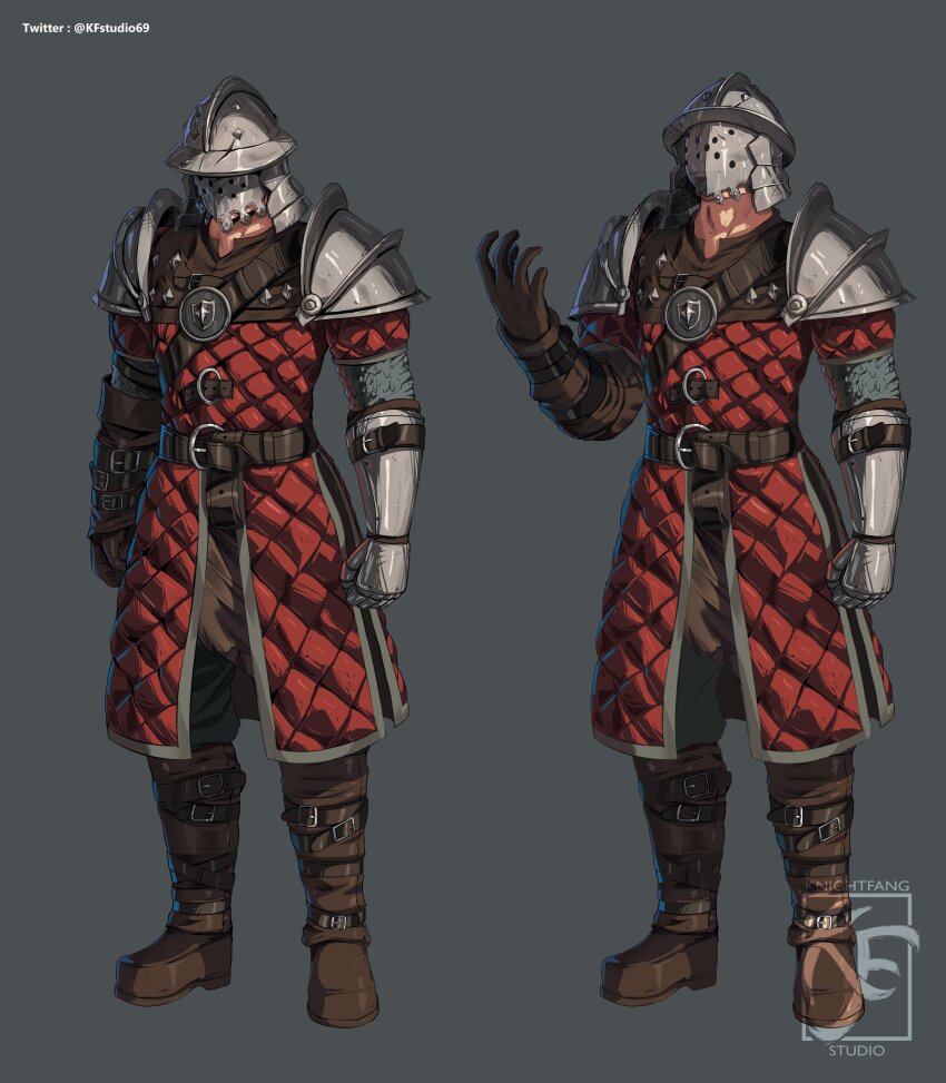 1boy absurdres armor artist_logo artist_name belt black_pants boots brown_belt brown_boots brown_gloves clenched_hands commission full_body gauntlets gloves grey_background helmet highres knightfang logo original pants pauldrons shoulder_armor single_gauntlet solo studded twitter_username