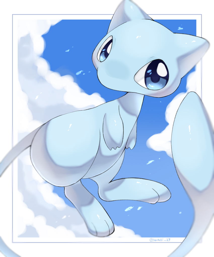 alternate_color animal_focus artist_name blue_eyes blue_skin blue_sky border cloud colored_skin commentary_request gen_1_pokemon highres iwasi_29 legendary_pokemon mew_(pokemon) mythical_pokemon nintendo no_humans pokemon pokemon_(creature) shiny_pokemon sky tail twitter_username white_border