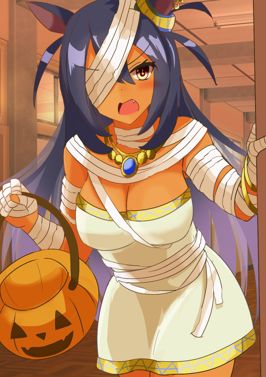 1girl alternate_costume animal_ears black_hair breasts cleavage dark-skinned_female dark_skin dress fang highres hishi_amazon_(umamusume) horse_ears horse_girl large_breasts long_hair mummy_costume okunen_okigasa open_mouth solo umamusume very_long_hair white_dress yellow_eyes