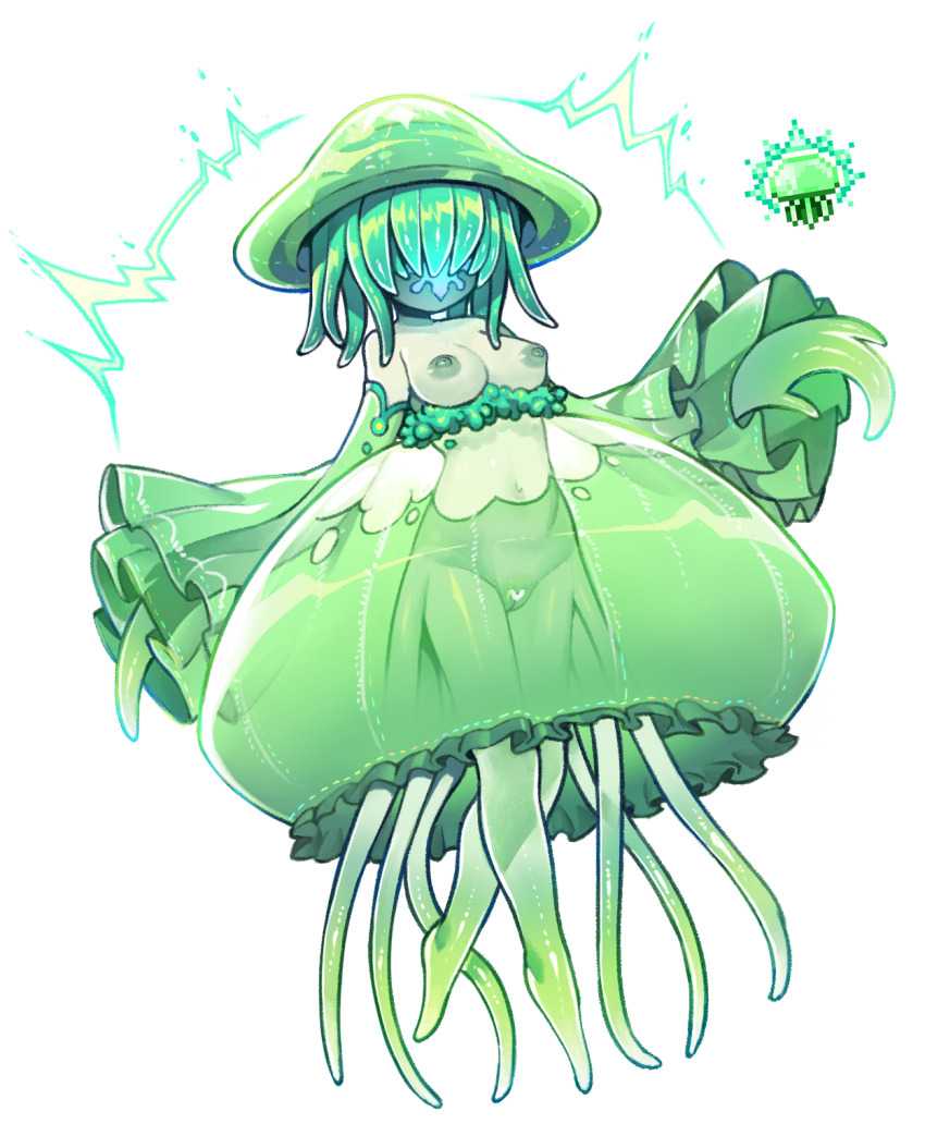 1girl 1other ascot barefoot breasts cleft_of_venus detached_sleeves dress electricity glowing glowing_mouth green_ascot green_dress green_hair green_headwear green_theme highres jellyfish jellyfish_(terraria) jellyfish_girl long_sleeves medium_breasts medium_hair monster_girl navel no_eyes nyong_nyong pussy see-through_clothes simple_background tentacle_hair tentacle_hands tentacle_legs terraria white_background wide_sleeves