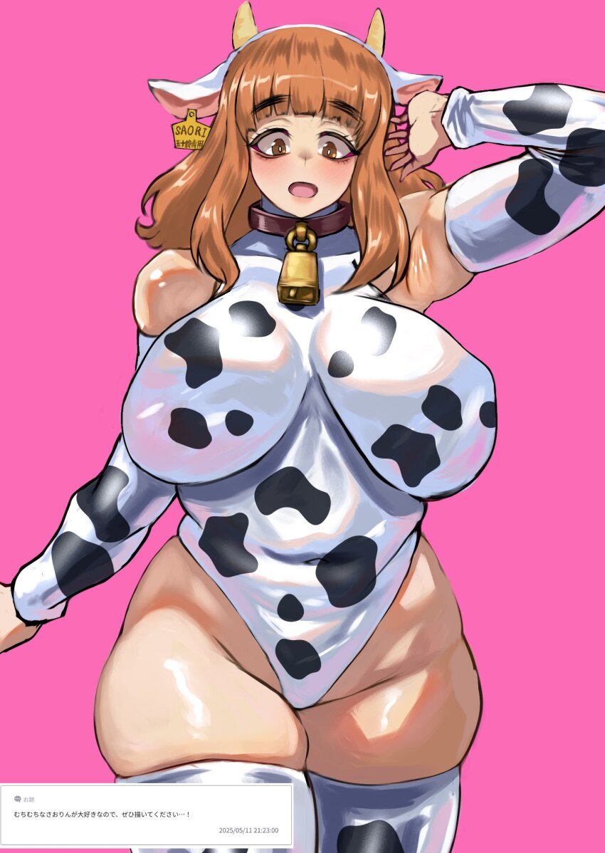 1girl animal_ears animal_print arm_up armpits bare_shoulders bell blunt_bangs bougainvillea_(unnryuu) breasts breasts_apart brown_eyes character_name collar commentary covered_navel cow_ears cow_girl cow_horns cow_print cow_print_leotard cow_print_sleeves cow_print_thighhighs cowbell cowboy_shot detached_sleeves ear_tag girls_und_panzer heattech_leotard highres horns large_breasts leotard long_hair long_sleeves looking_at_viewer name_tag neck_bell open_mouth orange_hair pink_background plump print_thighhighs screenshot_inset sidelocks simple_background sleeveless sleeveless_turtleneck sleeveless_turtleneck_leotard solo standing straight-on takebe_saori thick_eyebrows thighhighs thighs translation_request turtleneck