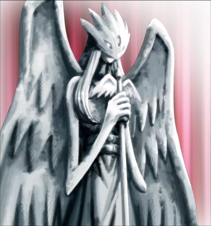 belt digimon digimon_xros_wars goddess_(digimon_xros_wars) highres mask no_humans screencap statue third_eye wings