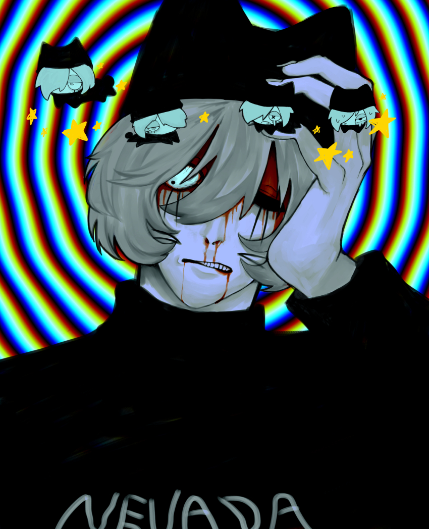 1boy animal_hat black_eyes black_sweater bleeding blood bloodshot_eyes blue_background cat_hat clenched_teeth closed_eyes commentary_request dizzy grey_hair hand_on_own_head hat highres injury male_focus nehan_pero nosebleed nyen_(randal&#039;s_friends) randal&#039;s_friends seeing_stars short_hair solo sweater teeth turtleneck turtleneck_sweater upper_body