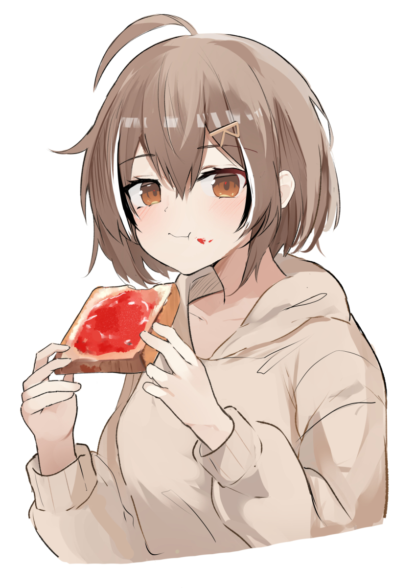 1girl ahoge alternate_costume alternate_hairstyle bread bread_slice brown_eyes brown_hair brown_hoodie brown_sweater casual eating food food_on_face hair_ornament hairclip highres holding holding_food hololive hololive_english hood hoodie jam looking_at_viewer multicolored_hair nanashi_mumei short_hair shuuzo3 streaked_hair sweater toast upper_body virtual_youtuber