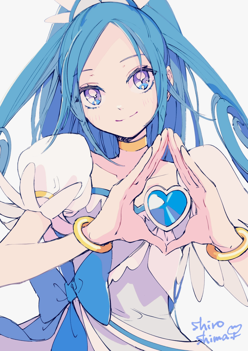 1girl artist_name blue_eyes blue_hair brooch choker closed_mouth commentary_request cure_diamond dokidoki!_precure dress heart heart_brooch highres hishikawa_rikka jewelry light_blush long_hair magical_girl ponytail precure puffy_short_sleeves puffy_sleeves shiroshima_(raah5353) short_sleeves solo two-tone_dress white_background wrist_cuffs yellow_choker