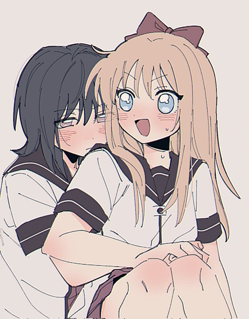 2girls black_hair black_sailor_collar blonde_hair blue_eyes blush bow closed_mouth commentary funami_yui hair_bow hashtag-only_commentary highres hug hug_from_behind long_hair mirabilite0318 multiple_girls nanamori_school_uniform open_mouth pleated_skirt purple_skirt red_bow sailor_collar school_uniform shirt short_sleeves skirt smile sweatdrop toshinou_kyouko white_shirt yuri yuruyuri