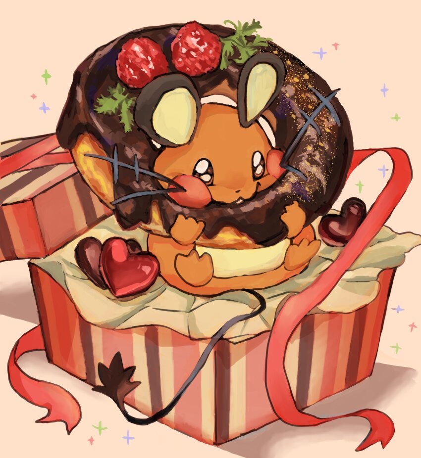 box brown_eyes buck_teeth candy chocolate chocolate_donut chocolate_heart commentary dedenne donut eating english_commentary food fruit full_body gen_6_pokemon gift gift_box happy heart heart-shaped_food highres holding holding_food nintendo oisisabatugun open_box pokemon pokemon_(creature) puffy_cheeks red_background red_ribbon ribbon simple_background sitting smile solo sparkle strawberry teeth valentine whiskers