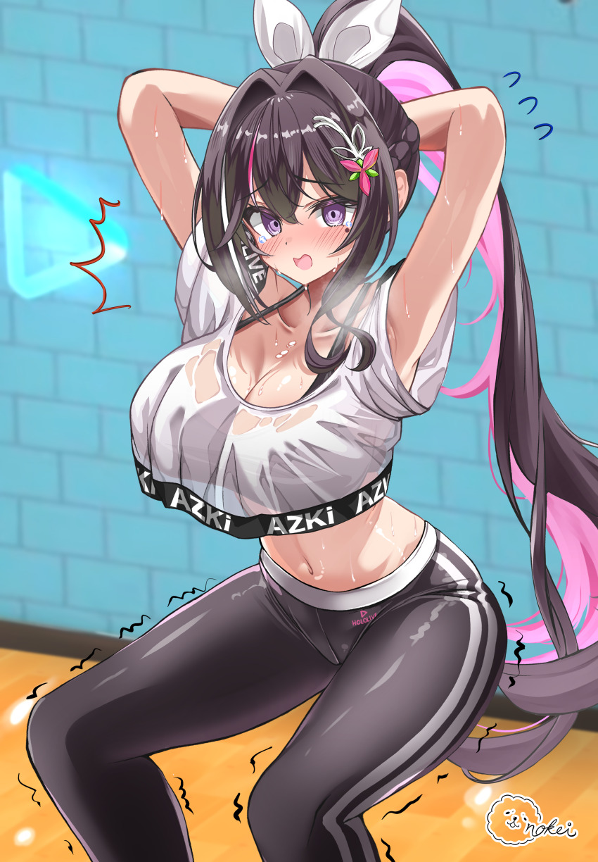 1girl absurdres arms_behind_head arms_up azki_(hololive) black_hair black_pants blush bow breasts character_name cleavage colored_inner_hair cropped_shirt hair_bow highres hololive hololive_dance_practice_uniform inokeiwd large_breasts long_hair mole mole_under_eye multicolored_hair navel official_alternate_costume open_mouth pants pink_hair ponytail solo streaked_hair very_long_hair virtual_youtuber white_bow yoga_pants