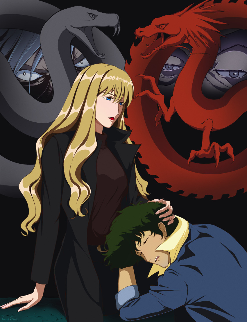 absurdres blonde_hair blue_eyes closed_eyes cowboy_bebop curly_hair dragon green_hair highres julia_(cowboy_bebop) lucyguusi snake spike_spiegel vicious_(cowboy_bebop)