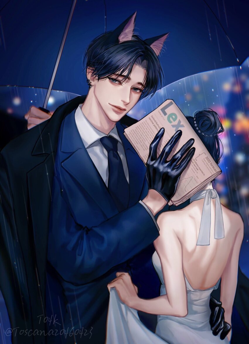 1boy 1girl 1other animal_ears artist_name bare_shoulders black_coat black_gloves black_hair blue_eyes blue_jacket blue_necktie blue_pants blue_umbrella blurry blurry_background breasts cat_ears closed_mouth coat coat_on_shoulders commentary covering_face cowboy_shot dress earrings english_commentary eyelashes gloves hair_bun hetero highres holding holding_newspaper holding_umbrella hug jacket jewelry looking_at_viewer neck_ribbon necktie newspaper original pants pearl_hair_ornament rain ribbon shirt short_hair small_breasts strapless strapless_dress thick_lips toscana20460423 twitter_username umbrella waist_hug white_dress white_ribbon white_shirt